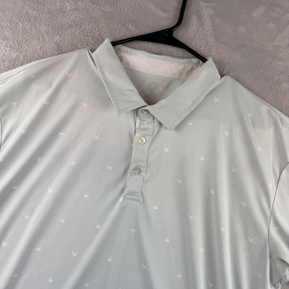 Swannies Polo Shirt Mens XL Blue Geometric Swan Print Golf Performance Stretch